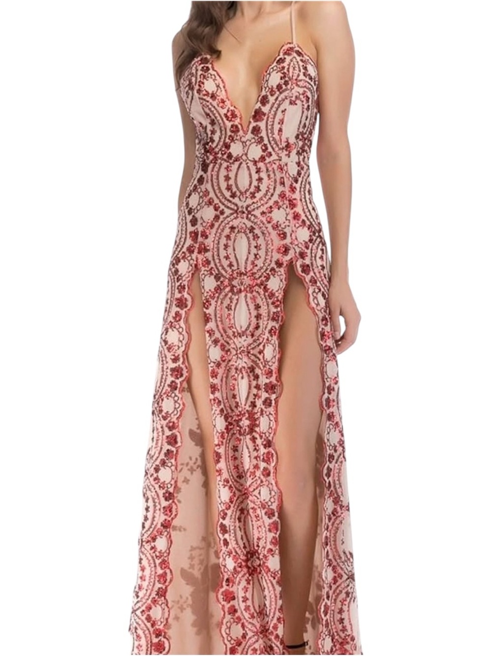 NWT Banjul Sheer Cream with Red Sequin Floral Open Wide-Leg Jumpsuit Size L - Picture 2 of 11